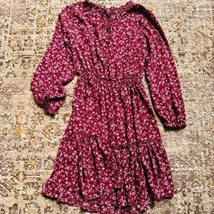 Boho Cottagecore Maroon Floral Tiered Mini Dress Long Sleeve Burgundy Ditsy L